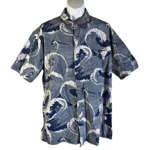 COOKE STREET Men's Short Sleeve Button Down Hawaii Surfer Wave Shirt Blue 2XL